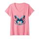 Damen Rosa leuchtender Schmetterling und bunte Blumen, inspiriert von der Natur T-Shirt mit V-Ausschnitt