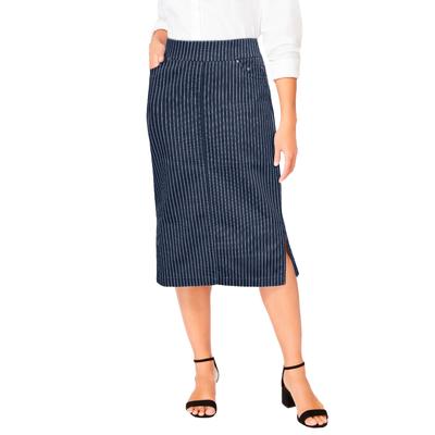 Plus Size Women's Comfort Waist Stretch Denim Midi Skirt by Jessica London in Navy Simple Pinstripe (Size 28) Elastic Waist Stretch Denim