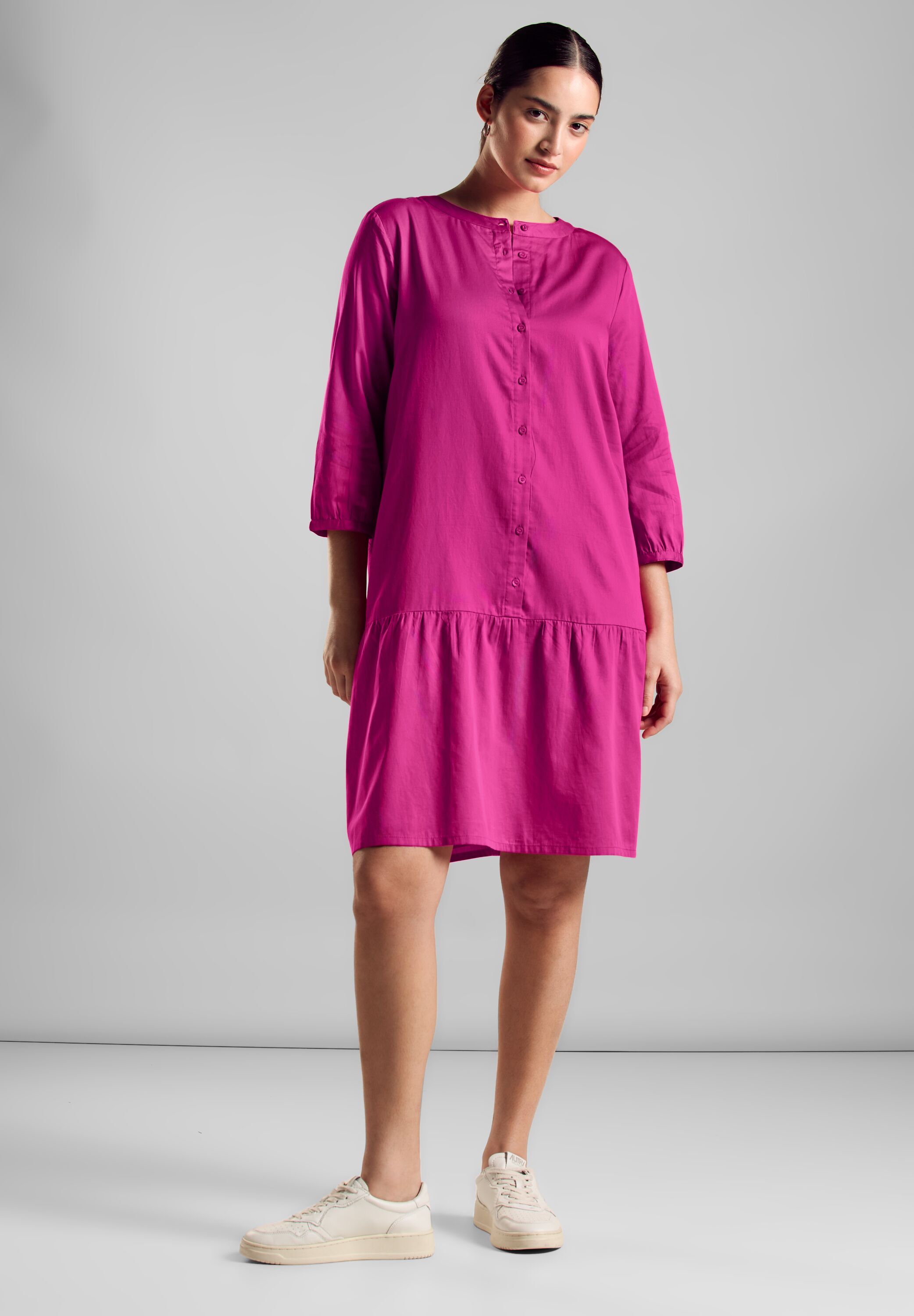 Sommerkleid STREET ONE, Damen, Gr. 38, EURO-Größen, pink (magnolia pink), Web, 100% Baumwolle, unifarben, weit knielang, Rundhals, Bündchen, Kleider Sommerkleid, mit Volant am Saum