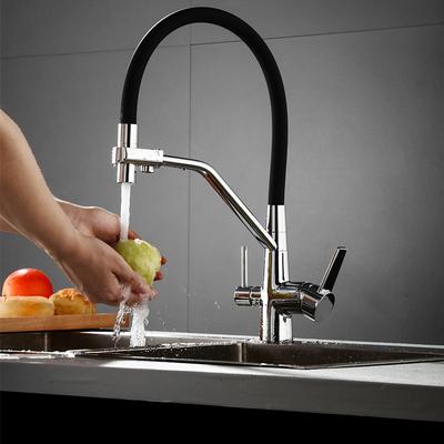 Kitchen Faucet Pull Down Spray Head, Purified Water Dual Spout Taps Sink Mixer Deck Mounted, 360 Rotating Twin Handle High Arc Flexible Tube Vessel Brass Tap