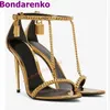 Spiegel Metall Kette Sandalen Frauen Schuhe Spitz Gold Stiletto Ferse Sandalen Ankle Schnallen