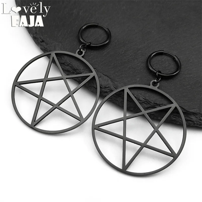 Goth Hexerei Satan Pentagramm Edelstahl Tropfen Ohrring Frauen Schwarz Farbe Satanic Große Runde Gothic Creolen Schmuck