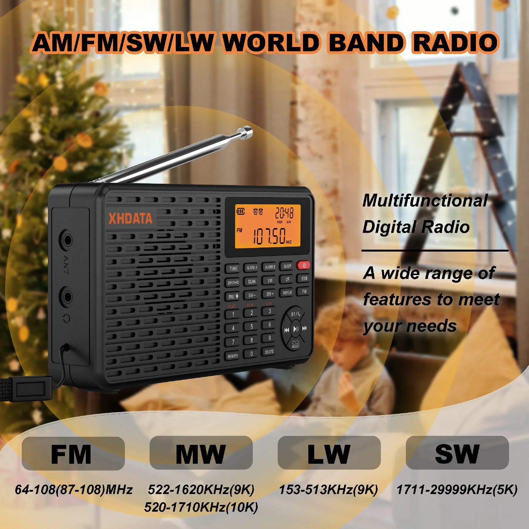 XHDATA D-109 Stereo Digitales Tragbares Radio AM SW MW FM Radio Bluetooth-kompatibles Multifunktionsradio Unterstützung TF-Kartenspieler Image