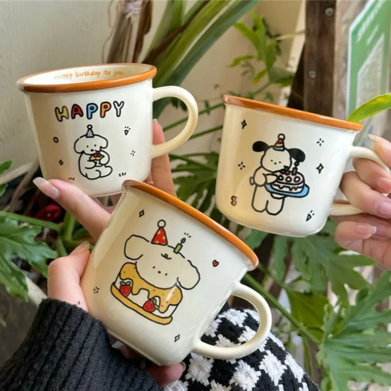 1Pcs Ins Nette Glückliche Bär Keramik Becher Kawaii Weiß Welpen Cartoon Kaffee Becher Mode Vintage Nachmittag Tee Tasse Paar paar Geschenk Image