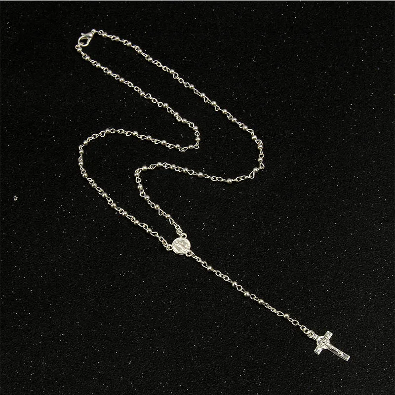 Collana cattolica all'ingrosso perline in acciaio inossidabile collana con ciondolo croce collana con rosario a catena e collana religiosa con pendente