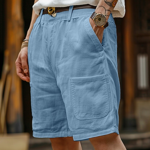 Herren Shorts Leinenshorts Sommershorts Tasche Fronttasche Gerader Schnitt Einfach Komfort Atmungsaktiv Knielang Outdoor Urlaub Party Mode Basic Weiß Blau Image