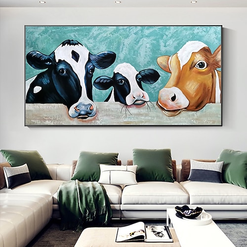 Mintura handgefertigte abstrakte Kuh-Animamls-Ölgemälde auf Leinwand, Wandkunst, Dekoration, modernes Cartoon-Bild für die Inneneinrichtung, gerolltes, rahmenloses, ungedehntes Gemälde Image