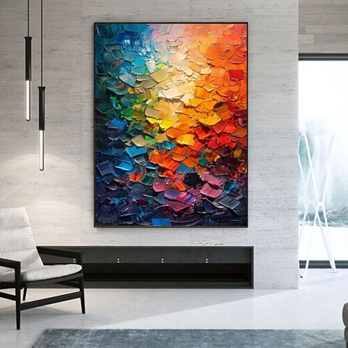 Handgefertigtes Ölgemälde auf Leinwand, Wandkunst, Dekoration, abstraktes Messergemälde, Landschaft in warmen Farben, für die Inneneinrichtung, gerolltes, rahmenloses, ungespanntes Gemälde Image