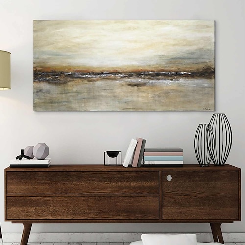 große Wandkunst minimalistisches abstraktes Berggemälde, handgemalt, extragroßes Landschaftsfoliengemälde, Wandkunst, grau-goldenes Leinwandgemälde auf Leinwand, abstraktes Gemälde für Wohnzimmer Image