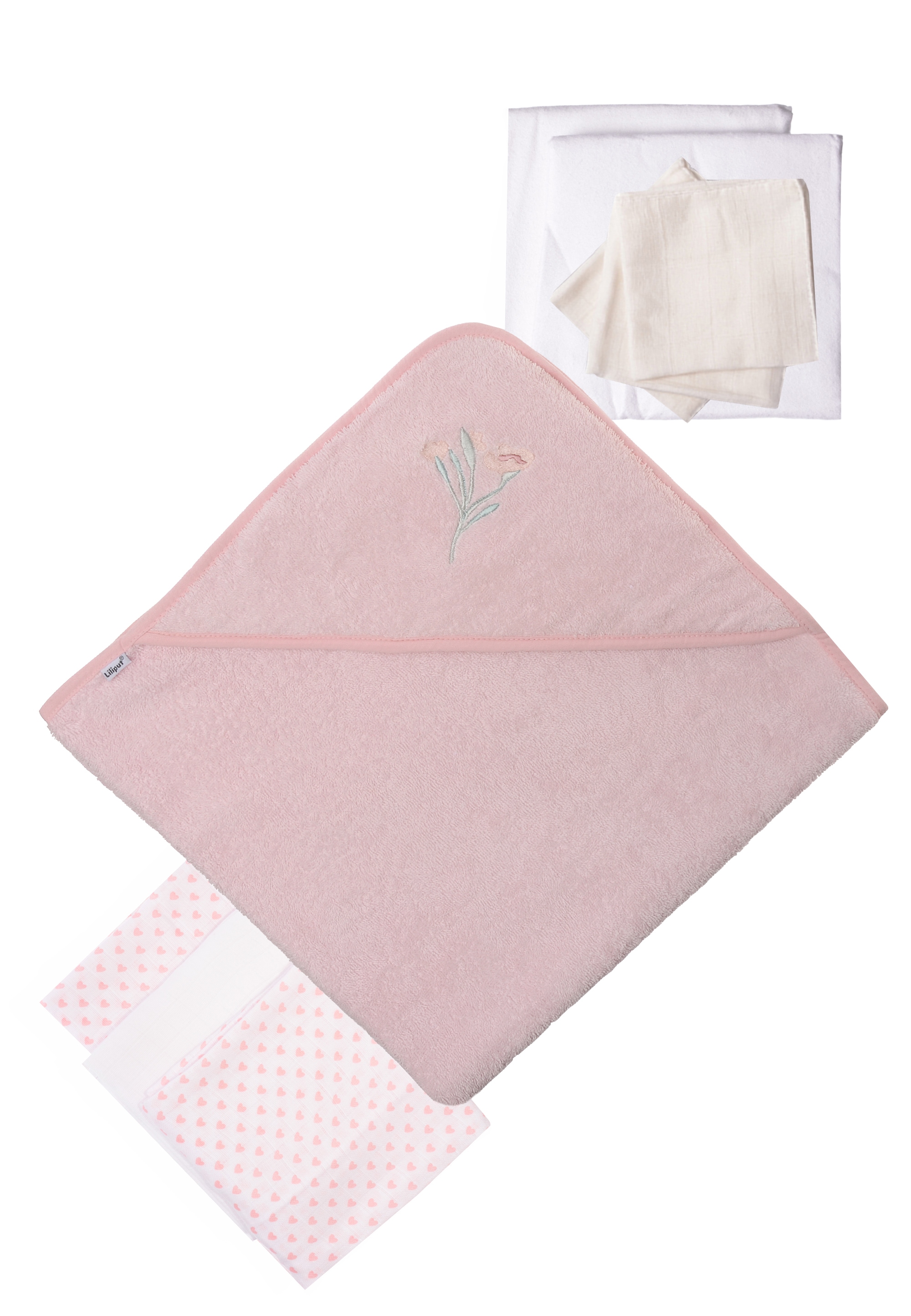 Erstausstattungspaket LILIPUT "Blume", Baby, rosa (rosa, weiß), 100% Baumwolle, KOB Set-Artikel, 9-teilig mit saugfähigem Frottee-Kapuzenbadetuch Image