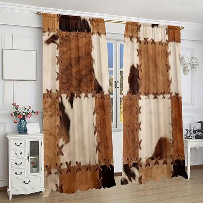 TEMU 2pc, Farm's Vintage Brown Cow Pattern Curtain, Rod Pocket Digital Printed Curtains, Polyester Material, Suitable For Living Room, Kitchen, Bedroom, Study, Dining Room, Home Decor Image