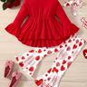 Girls Round Neck Flared Sleeve Ruffle Top & Flared Pants 2pcs Set With Love Print Casual Kids Clothes