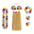 Set, Hawaiian Tropical Party Accessories Set, Straw Skirt Garland Headband Wristband And Set - Perfect For Masquerade, Summer Beach Parties, And Birthdays