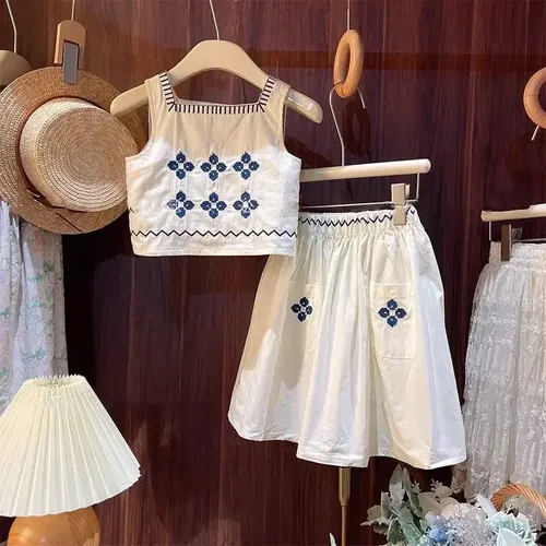 Children's Clothing Sets Floral Embroidery Sleeveless Top + Skirt 2pcs Kids Clothes Girls for 2 To 7 Years Baby Girl Outfit Set