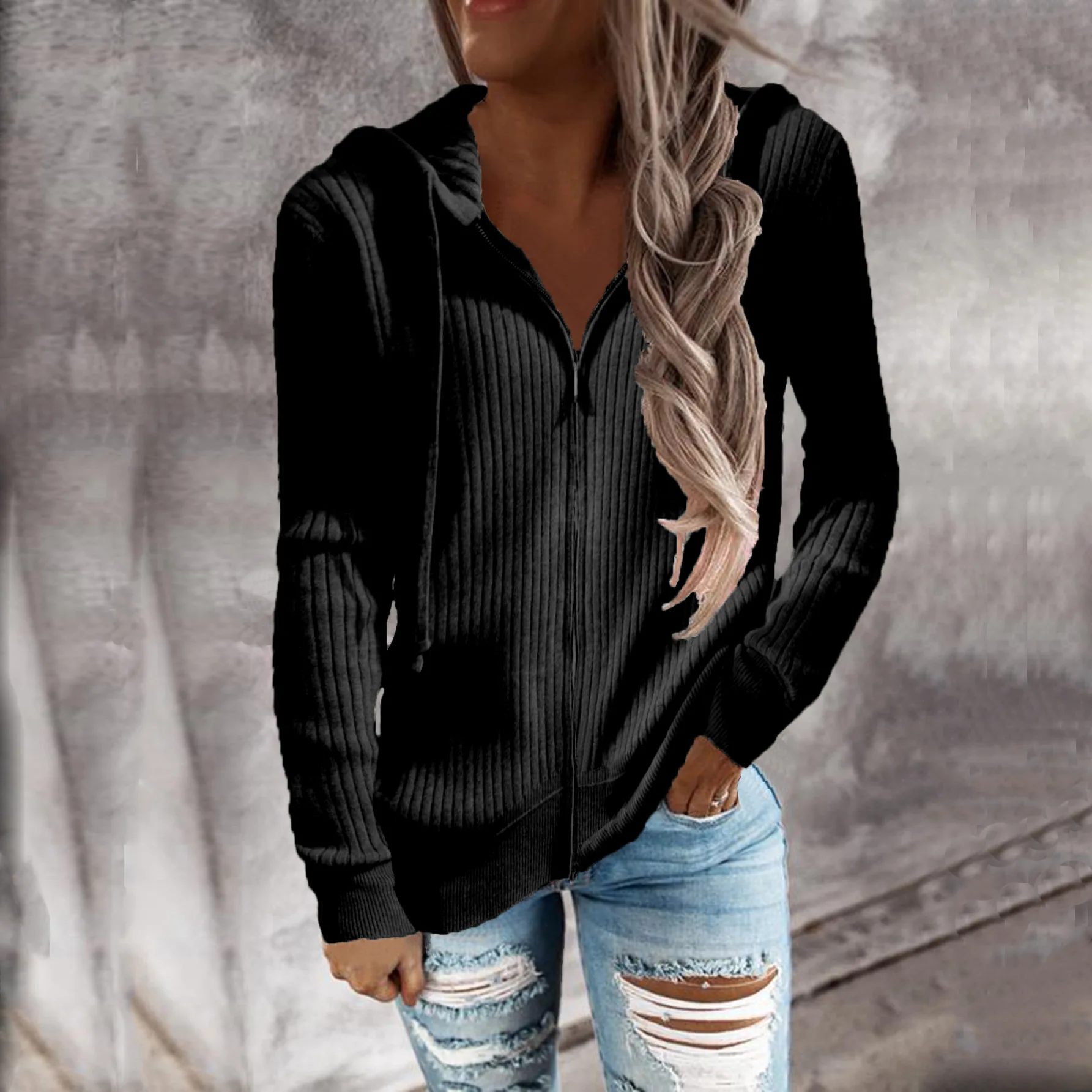 Zip Up Drawstring Hoodies, Casual Soldi Long Sleeve Sweatshirt, Autumn and Winter Sweater Loose Knitted Shirt,Women's Clothing