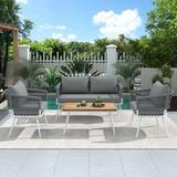 4-Piece Outdoor Living Room Furniture Set with Wooden Table Loveseat and 2 Single Armchairs Bohemian Braided Rope Sofa Chair with Removable Cushions for Backyard Porch Balcony Grey
