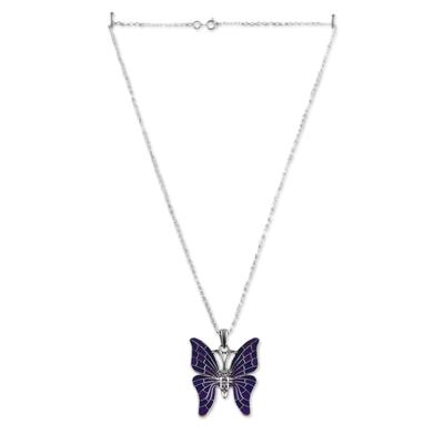 'Hand-Painted Blue Sterling Silver Butterfly Pendant Necklace'