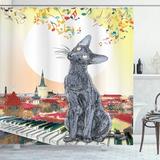 Cat Shower Curtain Black Cat on Rooftop of Old Apartment in Sunset Horizon with Musical Notes and Keyboard Fabric Bathroom Set with Hooks 69W X 75L Inches Long Multicolor by Ambesonne