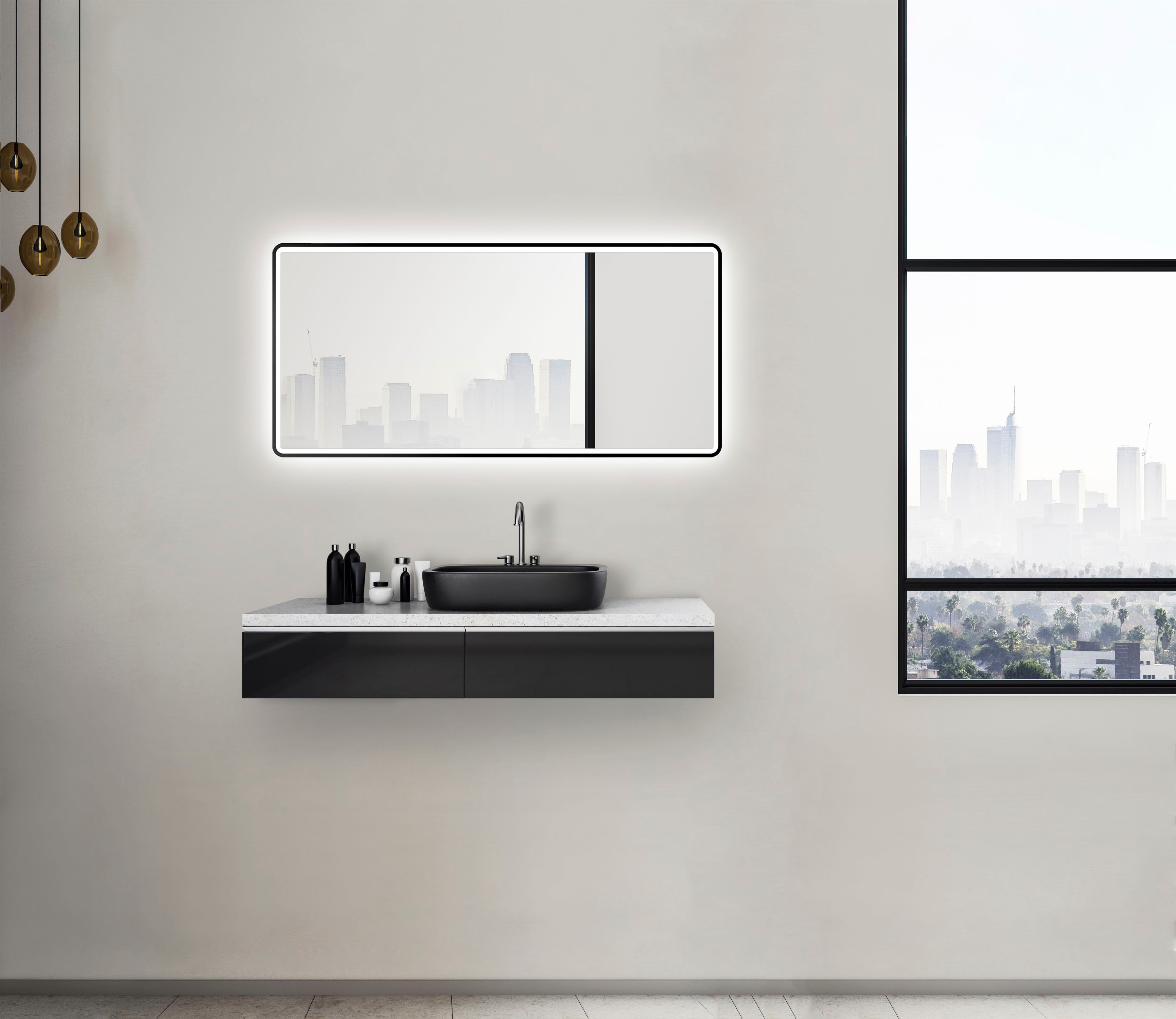 Badspiegel TALOS "Moon", schwarz, B:120cm H:2,5cm T:70cm, Spiegel, Badspiegel, LED Spiegel, Design Lichtspiegel