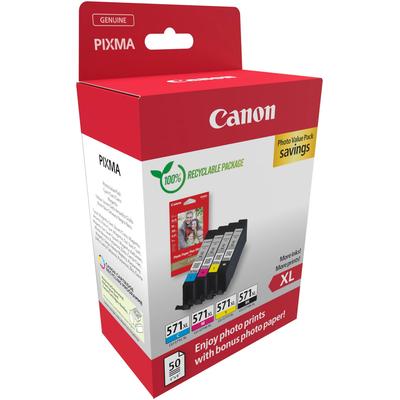 CANON Tintenpatrone "CLI-571XL BK/C/M/Y Tinte mit hoher Reichweite + Fotopapier Value Pack" Tintenpatronen bunt (schwarz, cyan, magenta, gelb)