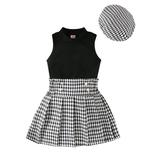 BABAMOON Toddler Baby Girl Summer Outfits Solid Rib Knit Tank Tops+Houndstooth Pleated Skirts+Hat 3Pcs Clothes