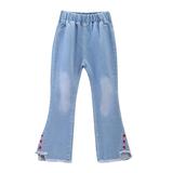 Jalioing Denim Pant for Child Girl Elastic High Waist Flare Jeans Solid Color Mesh Bow Hem Casual Pants (4-5 Years Red)