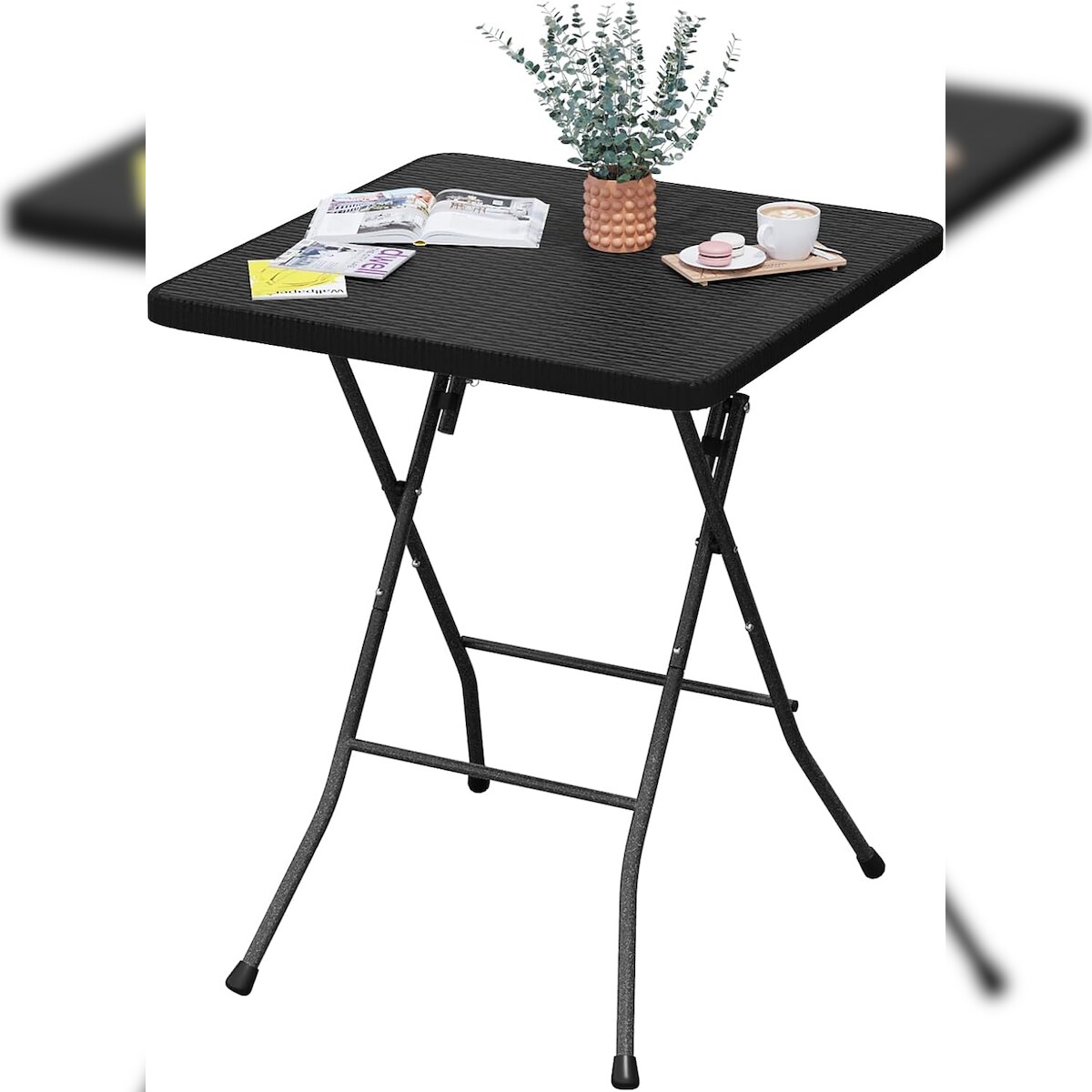 Klapptisch Gartentisch 61x73x61cm, mit verdicktem Stahlrahmen, Balkontisch Bistrotisch, Tischplatte in Rattanoptik, Schwarz Image