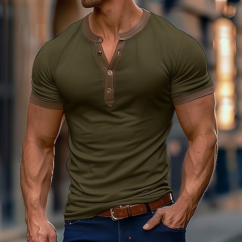 Herren T Shirt Henley Shirt T-Shirt Feste Farbe Henley Outdoor Casual Kurzarm Taste Bekleidung Baumwollmischung Modisch Designer Komfortabel Image