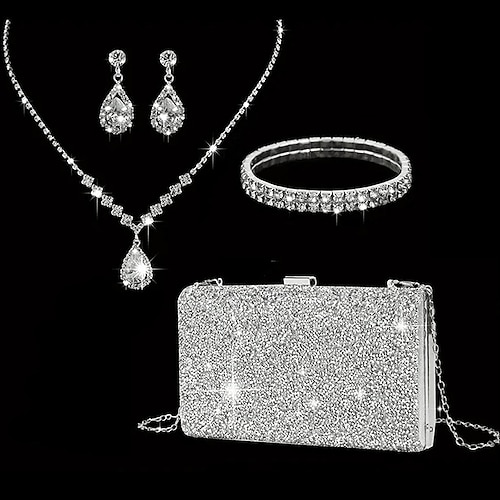 Damen-Strassschmuck- und Clutch-Set für Hochzeiten und Abendpartys, funkelnde Halskette, Ohrringe, Armband und Glitzer-Geldbörse Image