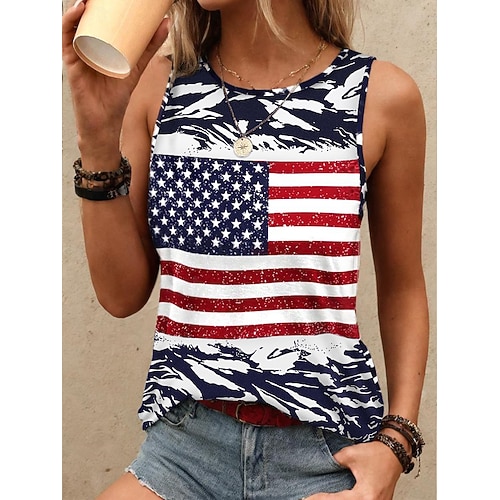 Canotta Patriottica da Donna Top Flag USA Elegante Senza Maniche Collo a Giro Regular Top Quotidiani Blu Navy Estate