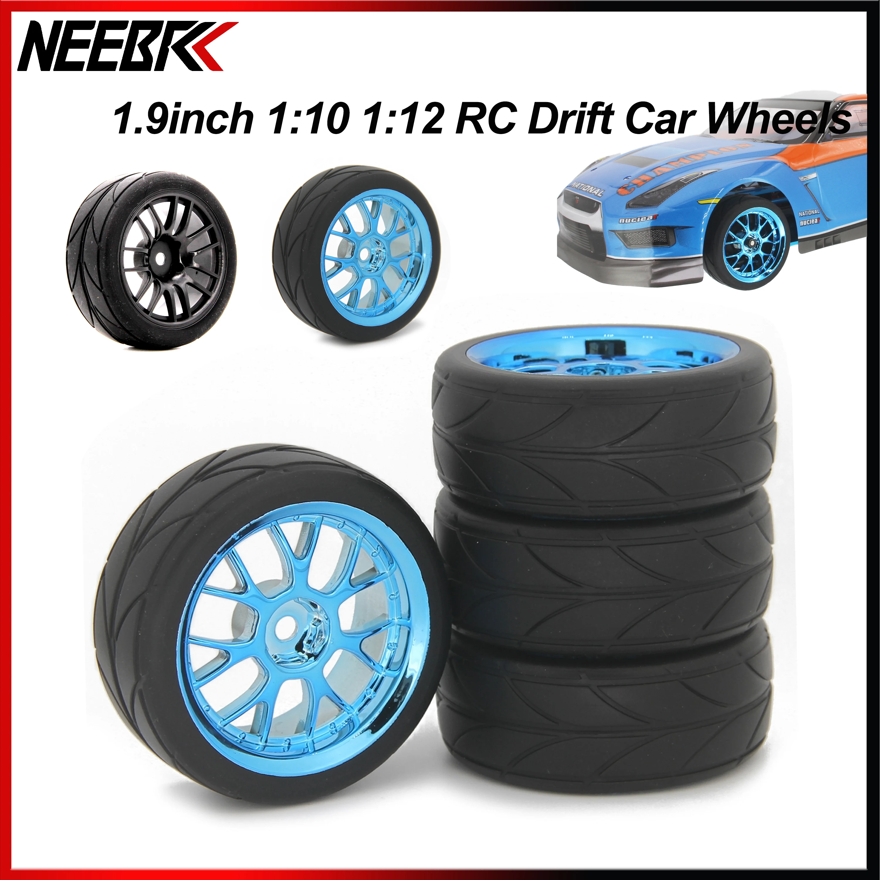 NEEBRC 4PCS 1,9 Zoll Reifen 65mm 1/10 On Road Reifen & Räder Felgen 12mm Sechskantnabe für Tamiya Exceed RC Tourenwagen 144001 94123 94122