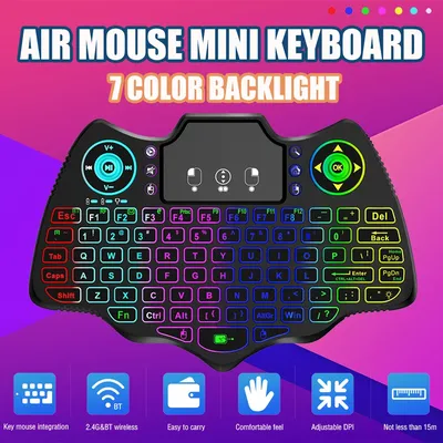 MRSVI V18 Mini-Funktastatur, 2,4 G BT Touch, 7-farbige Hintergrundbeleuchtung, Französisch, Spanisch, Russisch, Air-Mouse-Tastatur, Geschenk für Android-TV-Box