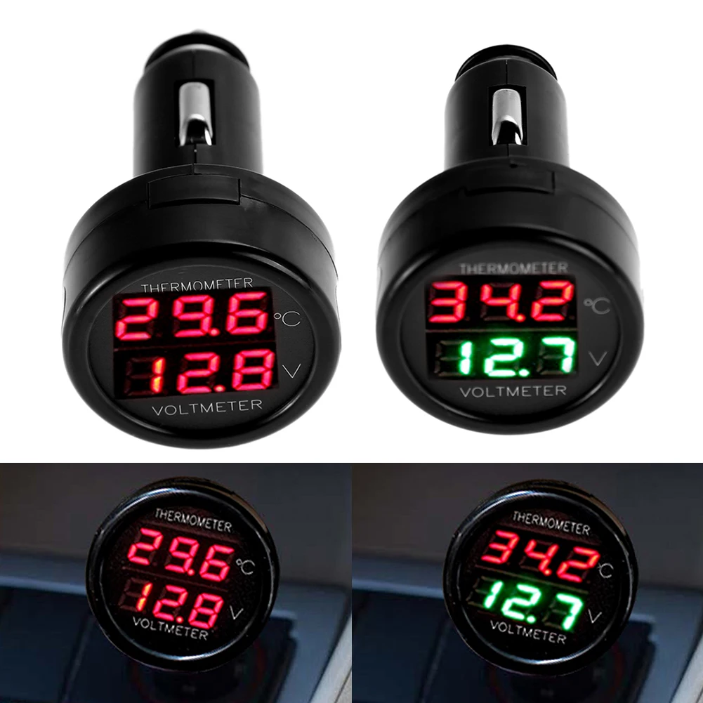 2 in 1 12V 24V digitales Auto Voltmeter Thermometer Zigaretten anzünder Stil Batterie monitor Spannungs temperatur messer Volt detektor Image