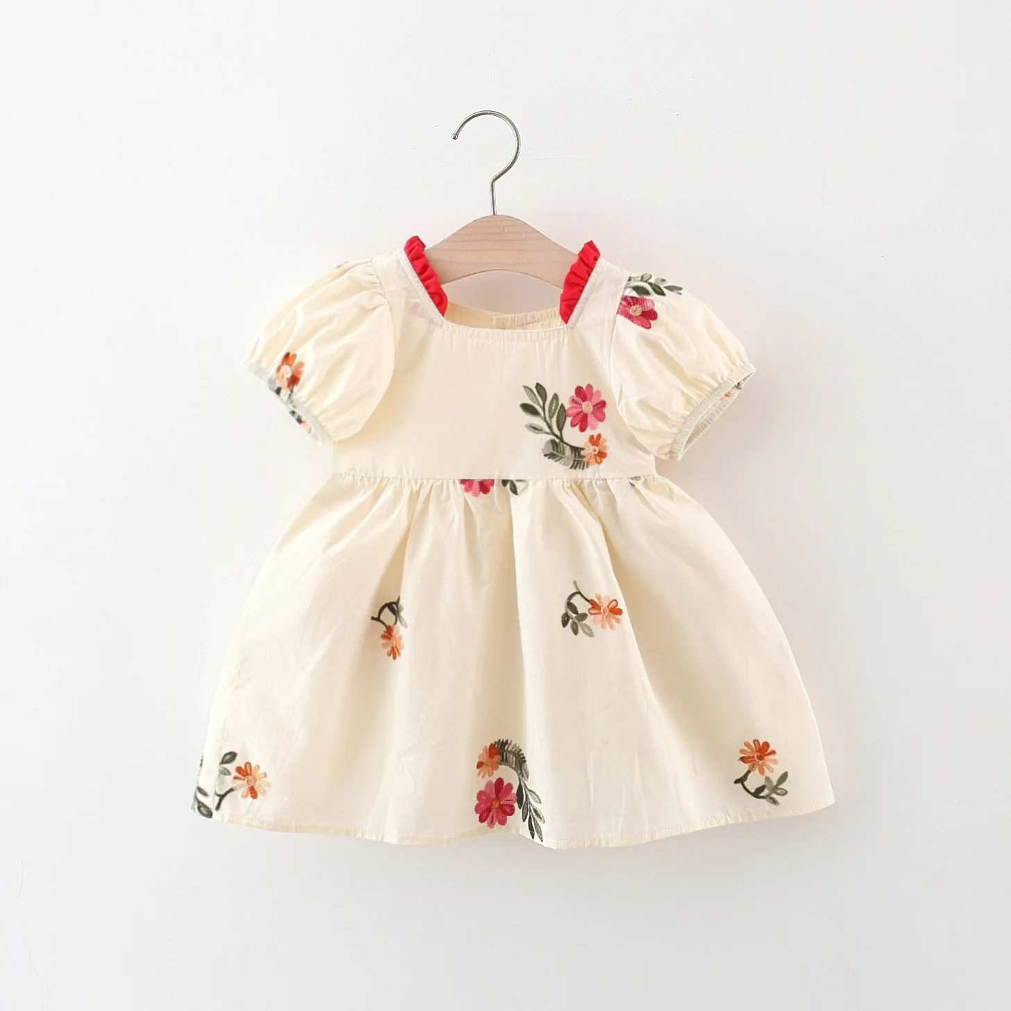 Mädchenkleid Sommer Baby Mädchen Kragen Farbige Spitze Blume und Blatt bestickt Blase Ärmel Prinzessin Kleid Image