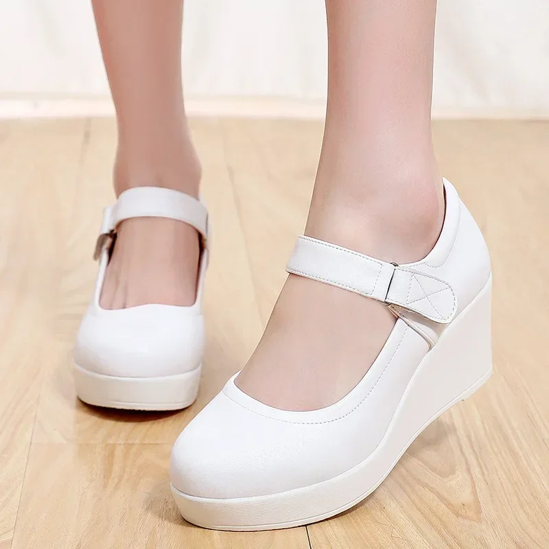 Small Big Size 33-43 Shallow Thick Bottom Genuine Leather Shoes Platform Pumps 2026 Fall Women's High Heels Wedges Shoes Office