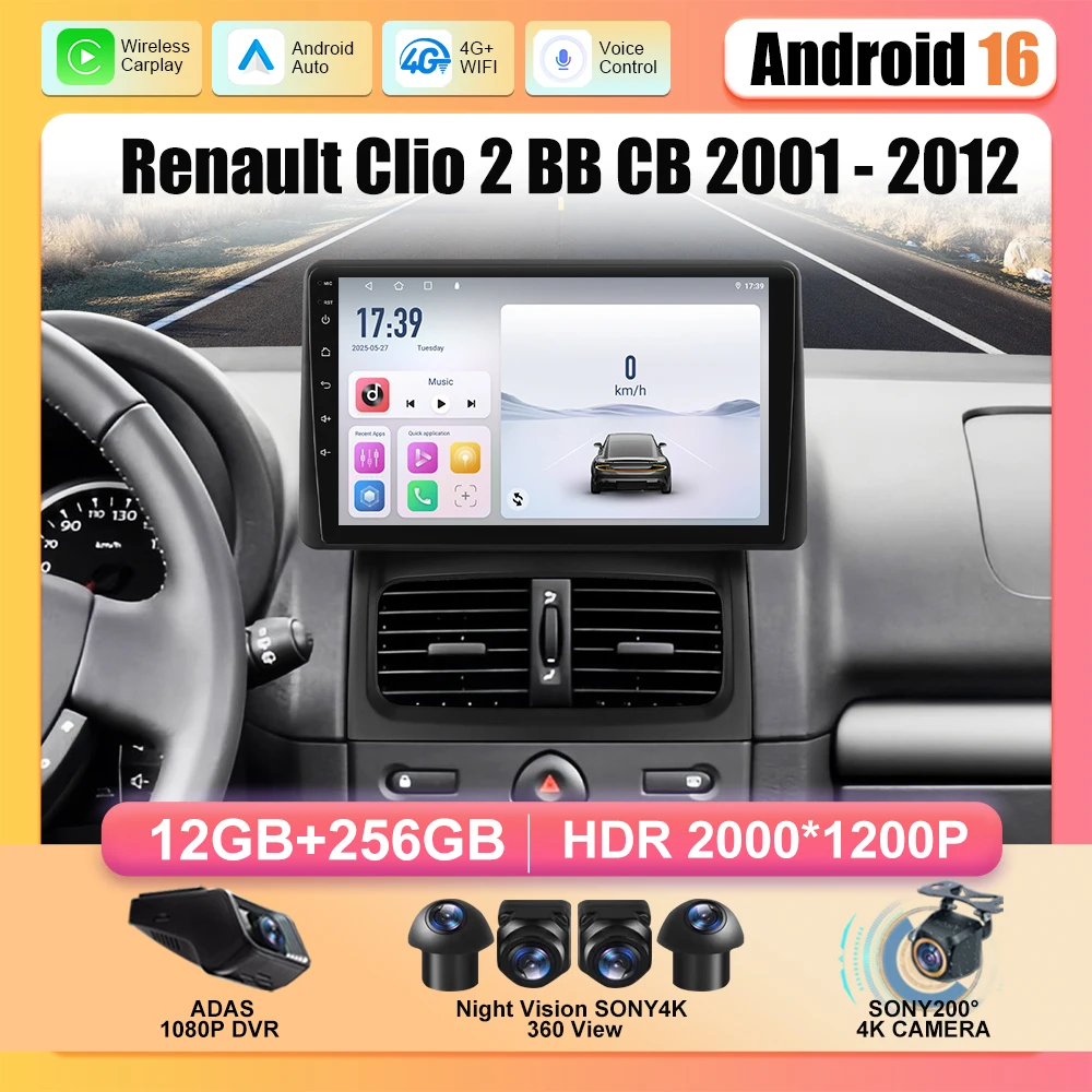 Auto Radio Für Renault Clio 2 BB CB 2001-2012 Stereo Multimedia Video Player Drahtlose Carplay GPS Navigation Android auto Image