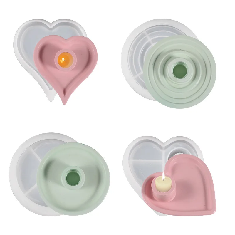 Runde Herzform Kerzenhalter Silikon form DIY Epoxidharz Gips Kerze Basis Tablett Form, hand gefertigte Handwerk Dekor Herstellung Werkzeuge Image