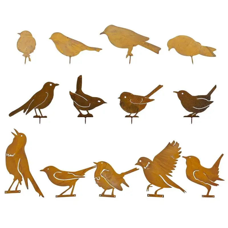 Ensemble de 4/5 pièces de Silhouettes d'oiseaux en métal rouillé, ornements de clôture de jardin, maison de campagne, cour, artisanat d'art en métal, décoration de jardinage d'oiseaux