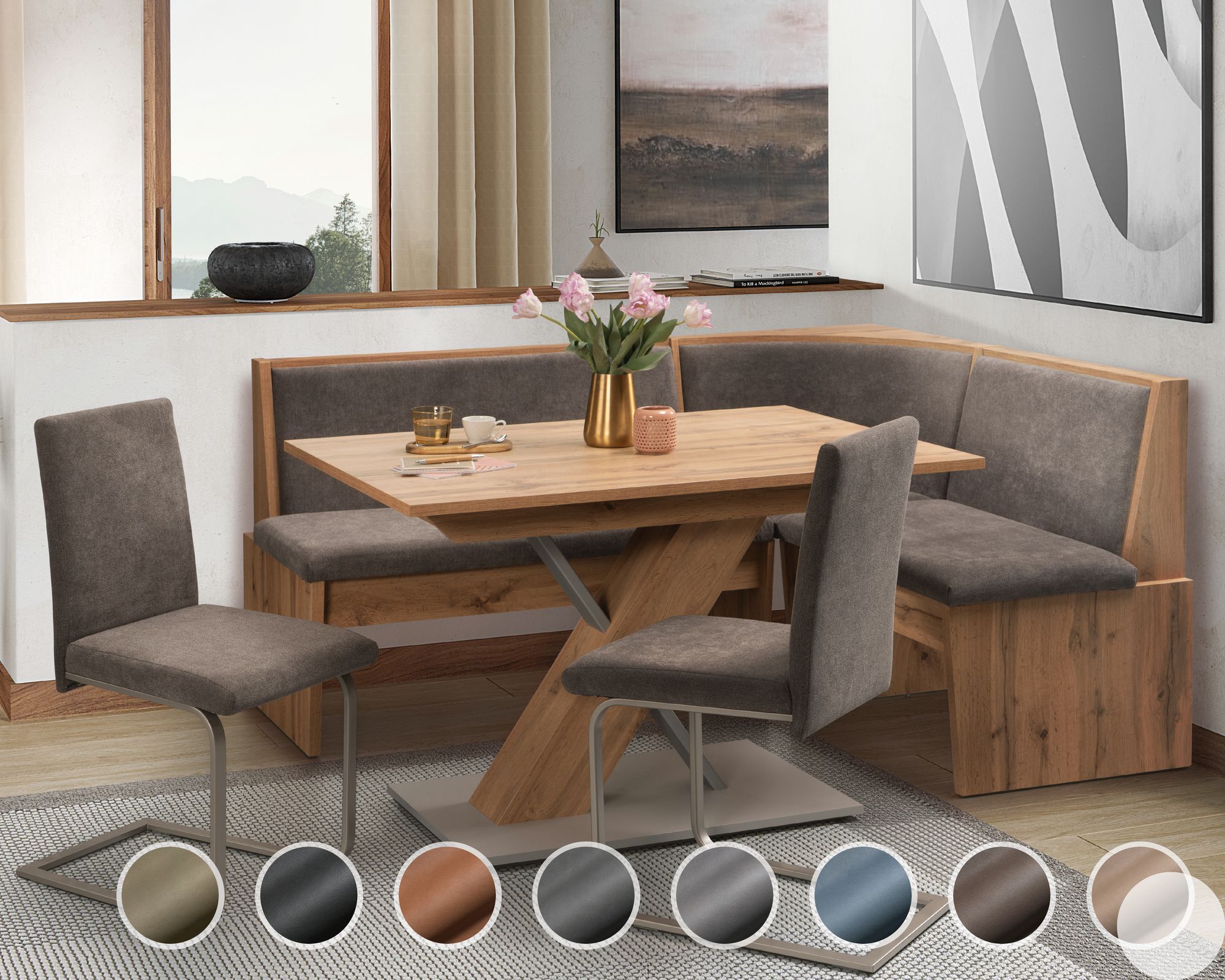 Schösswender »Inka« Eckbankgruppe I 127x167 cm / Gavin 203 dunkelbraun / offen / Rundecke / Appalachian Oak Dekor