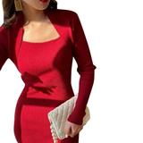 Vintage Women Bodycon Dress Long Sleeve Comfortable Breathable Square Neck Ladies Bodycon Dress Wine Red S