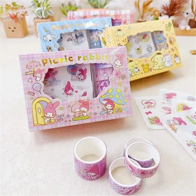 Sanrio Sticker Roll Gift Box Cute Hello Kitty Cinnamoroll Kuromi Melody Pompompurin Hand Acount