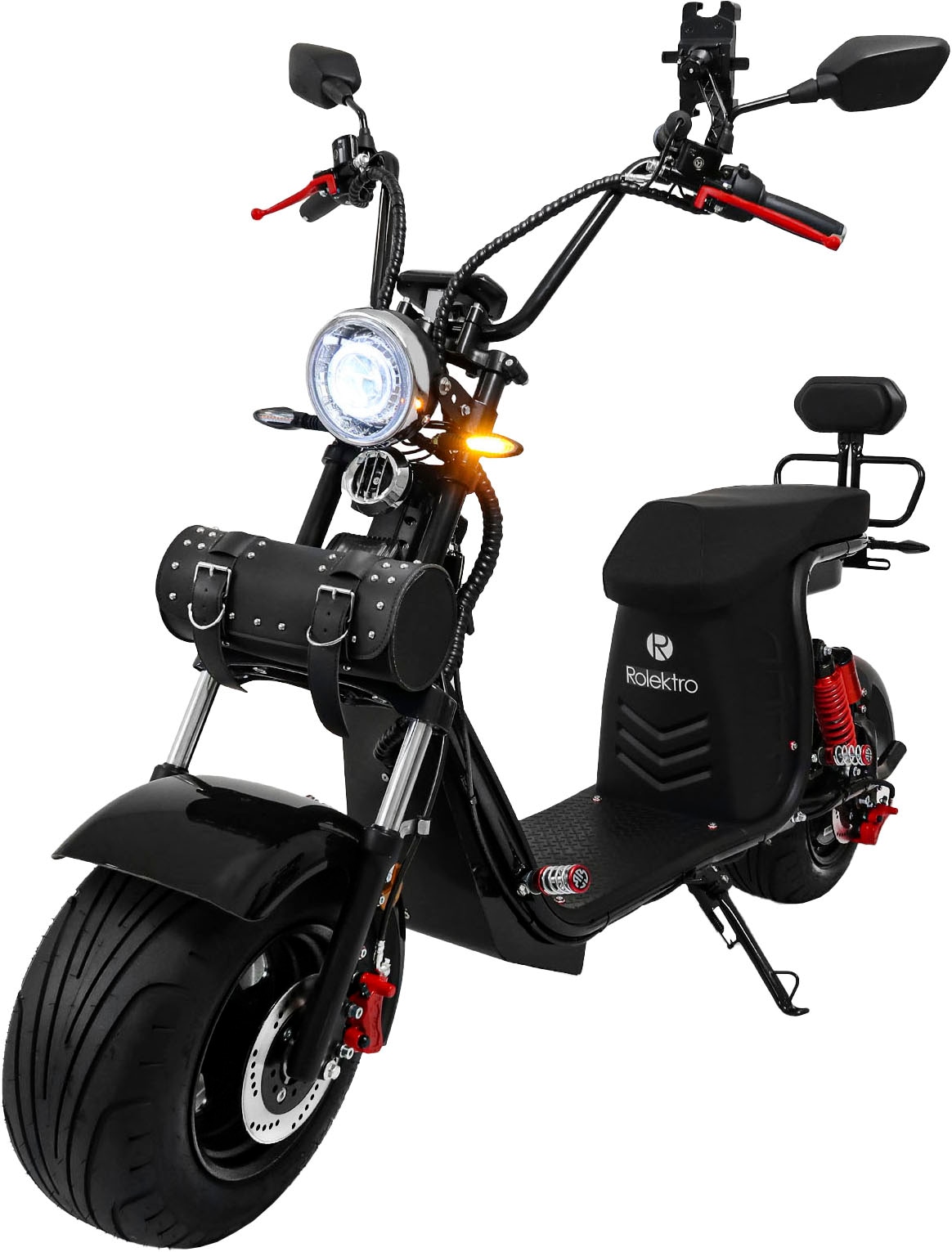 E-Motorroller ROLEKTRO "E-Chopper 45, 2 x 60V-25,6Ah Lithium-Akku, 3000 Watt", schwarz (schwarz, schwarz), Elektromotorroller, 45 km/h, bis zu 108 km Reichweite, mit USB-Anschluss und integr. Alarmanlage, B:79cm H:127cm L:192,5cm Image
