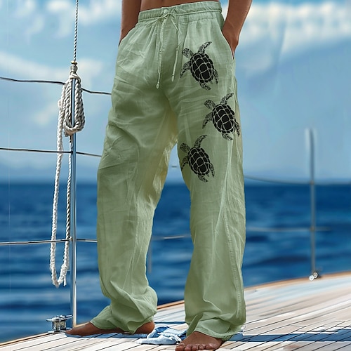 Herren Leinenhosen Hose Sommerhose Strandhose Kordelzug Elastischer Bund Druck Grafik Komfort Urlaub Täglich Strand Urlaub Mode Blau Grün Image