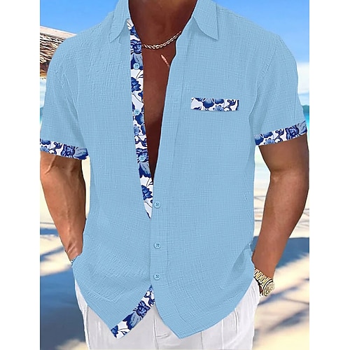 Herren Hemd leinenhemd Sommerhemd Strandbekleidung Knopfhemd Glatt Urlaub Curise Schwarz Weiß Rosa Marineblau Kurzarm Kragen Sommer Frühling Bekleidung Image