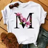 Maycaur Custom Name Letter Kombination Damen Hochwertiges Druck-T-Shirt Blumenbrief Schriftart A B C D E F G Kurzarm-T-Shirt T