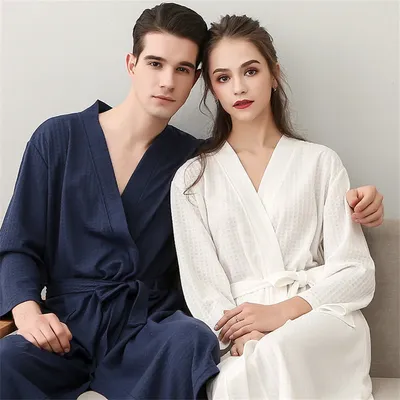 Sommer Waffel Paar Bademantel Kimono Handtuch Bademantel Männer Bademantel V-Ausschnitt nach Hause Image