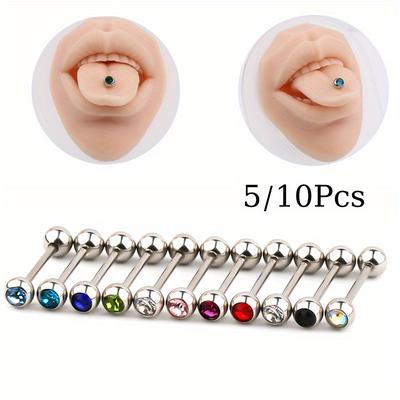 5/10pcs Stainless Steel Tongue Studs, Rhinestones Ball Barbell Tongue Nipple Rings, Body Piercing Jewelry