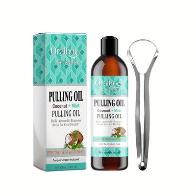 Coconut & Mint Pulling Oil, 100ml, With Tongue Scraper, Natural Ingredients For Fresh Breath And Oral Care