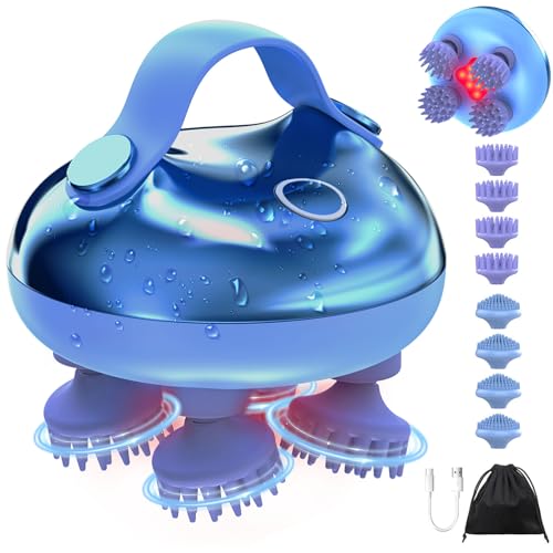 Kaxilu Head Massager Scalp, Electric Scalp Massager Waterproof Massager for Hair Growth Rechargeable Handheld Scalp Massager Body Relaxation with Silicone Heads for Pet Cat Women Men