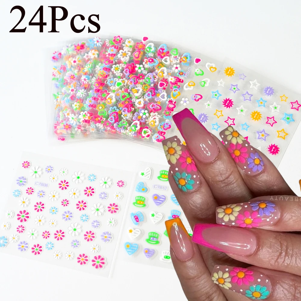 24Pcs Nette Bunte Blume Nagel Aufkleber Sommer Kawaii Schmetterling Blütenblatt Nail art Aufkleber DIY Maniküre 3D Selbst-klebe Sliders & 7^E Image